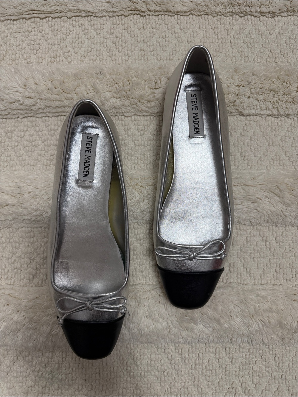 Steve Madden Silver Ballet Flats with Black Cap Toe